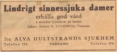 ”Lindrigt sinnesjuka damer” på Alva Hultstrands sjukhem